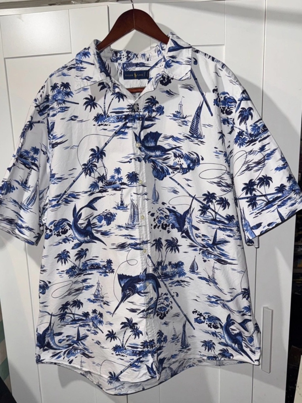 Polo Ralph Lauren Men's XXLT Marlin Fish Print Blue & White Button Front Top
